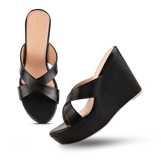 Wedge heels for women black open toe criss cross strap platform comfortable casual party wear footwear