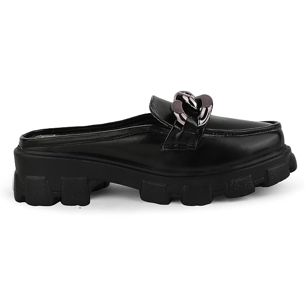 Radiant Sapphire Chain Half Loafers for Women and Girls  Black