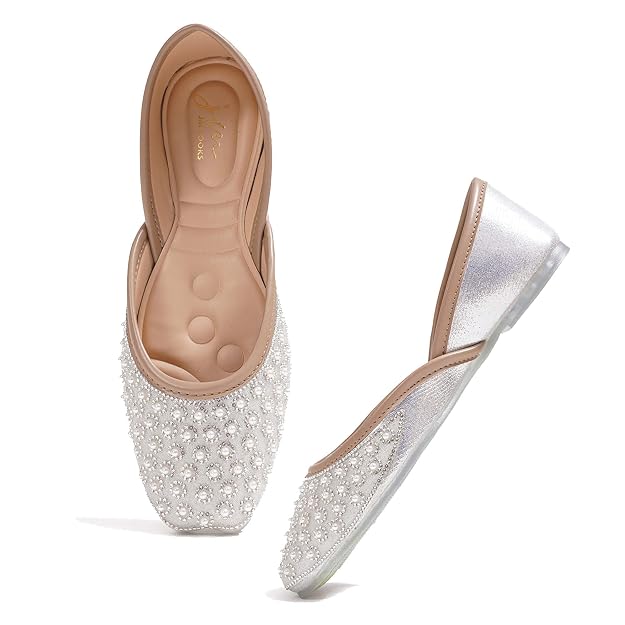 women pearl embellished ethnic mojari flats Silver