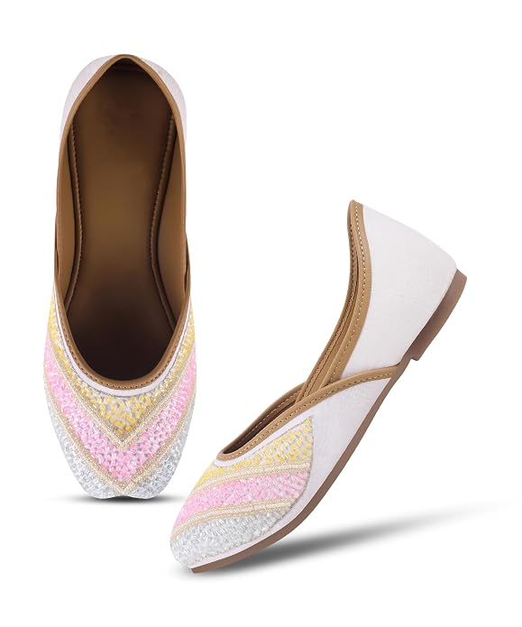 Women's Cream Embroidered Ethnic Jutti Mojari Flats with Cushioned Sole, Sequin Detailing
