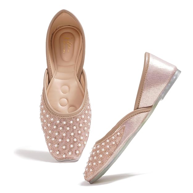 women pearl embellished ethnic mojari flats Peach