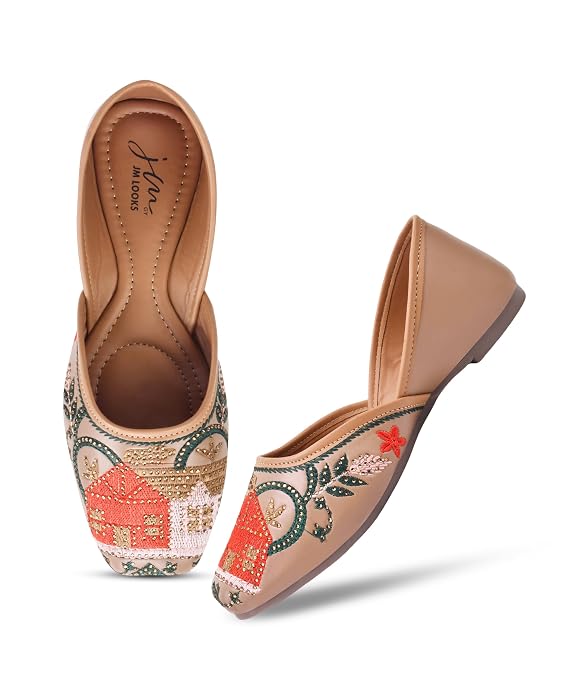 Women Beige Premium Craft Embellishments Classic Ethnic Mojaris Flats Jutti 