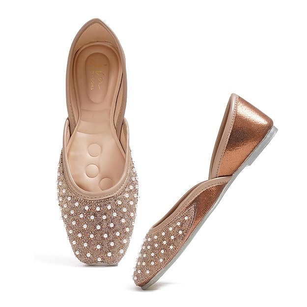 women pearl embellished ethnic mojari flats Brown
