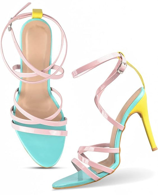 Strappy heels in pastel pink mint yellow featuring crisscross ankle straps open toe and stiletto heel