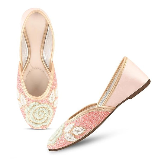 Women's Peach Ethnic Embllished floral beaded Punjabi juttis   