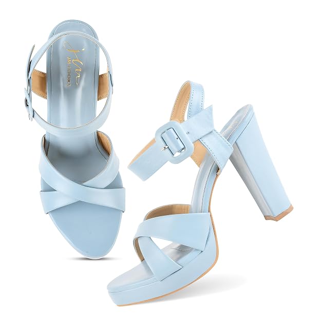 Women's & Girls' Open Toe Chunky Heeled Sandals with Ankle Strap Blue