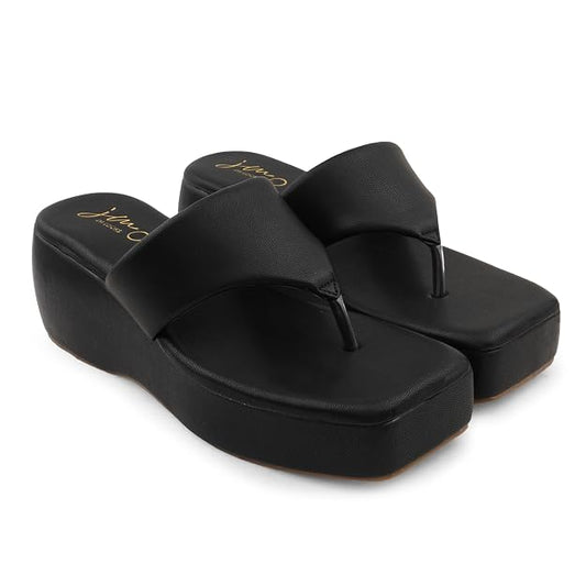 Platform thong sandals for women in black, chunky wedge heel, square toe, slip-on summer footwear