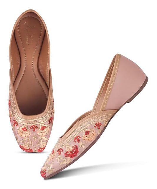 Women’s Square Toe Embroidered floral Jutti Flats Peach