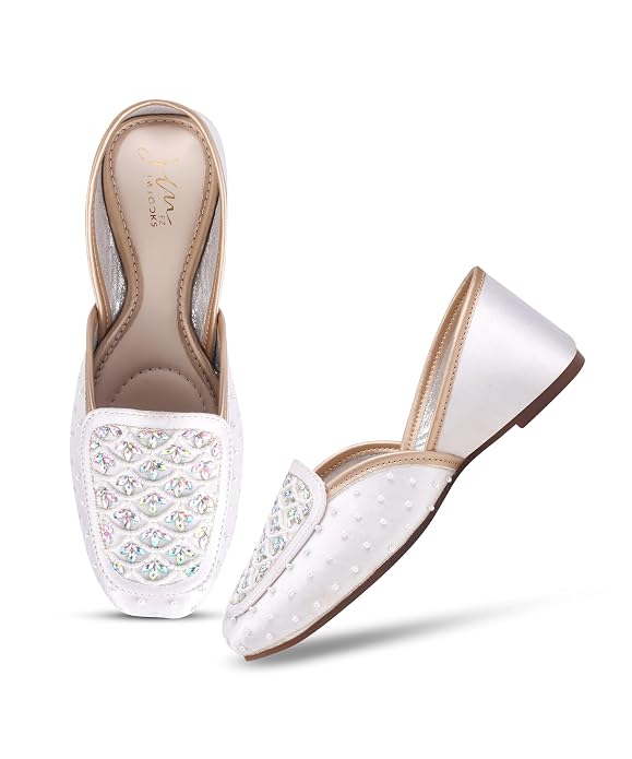 Women White Embellished Square Toe Slip-On Embroidered Stone Work & Pearl Ethnic Juttis Mojaris 