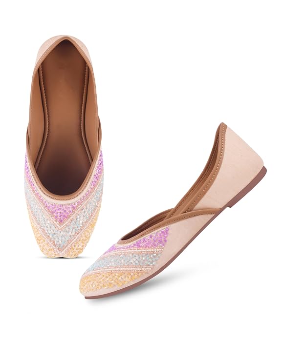 Women's Peach Embroidered Ethnic Jutti Mojari Flats with Cushioned Sole, Sequin Detailing