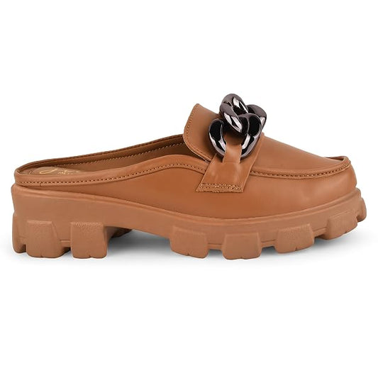 Radiant Sapphire Chain Half Loafers for Women and Girls  Beige