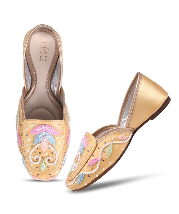 Women Gold Pastel Embroidered Pearl Work Square Toe Ethnic Mojaris Flats Juttis