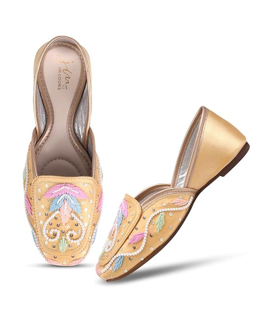 Women Gold Pastel Embroidered Pearl Work Square Toe Ethnic Mojaris Flats Juttis