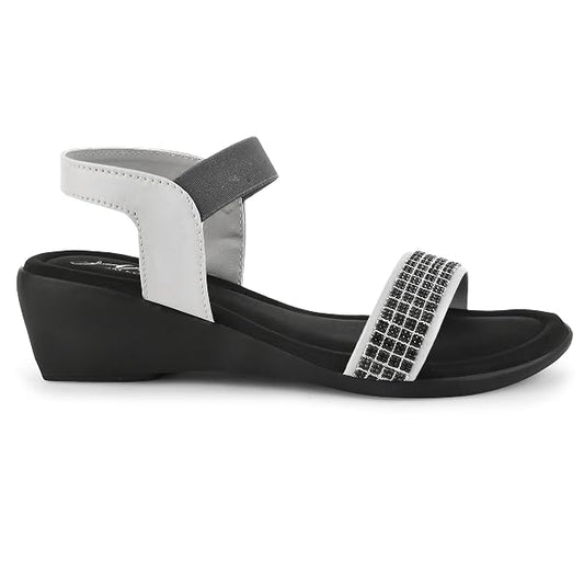 Black & Grey embellished wedge sandals for women with elastic ankle