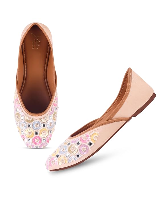 Women Peach Handcrafted Colorful Flowers Ethnic Embellished Mojari Jutti Flats with Cushion