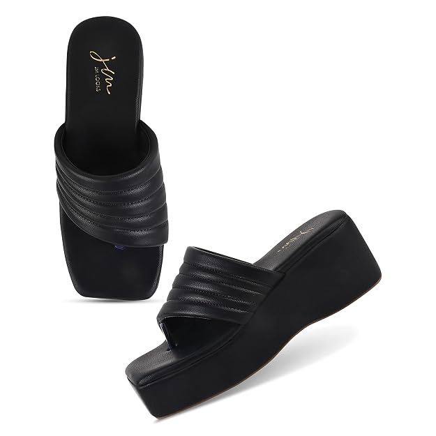 Stitched Strap Platform Heels Sandals for Women and Girls at JM LOOKS Black