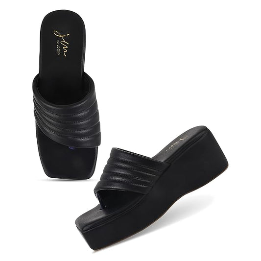 Stitched Strap Platform Heels Sandals for Women and Girls at JM LOOKS Black