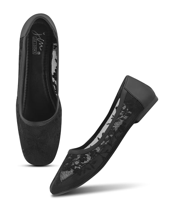 Black lace ballerinas for women with floral net embroidery, cushioned insole, round toe, everyday casual wear.