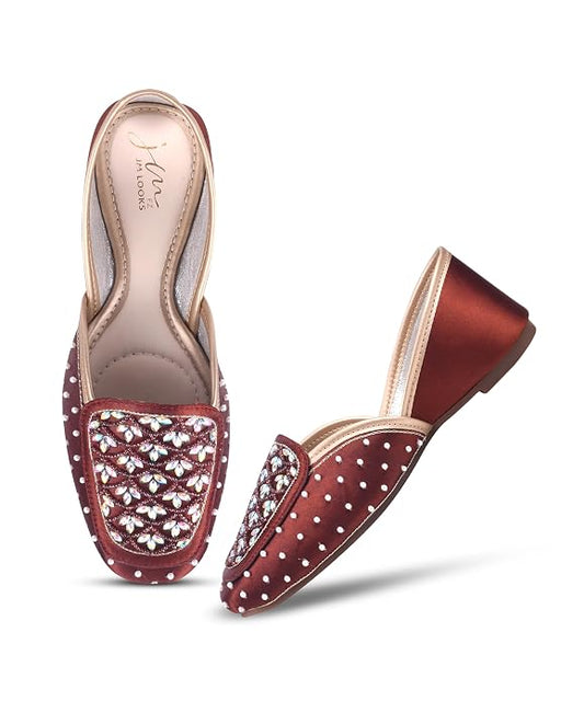 Women Copper Embellished Square Toe Slip-On Embroidered Stone Work & Pearl Ethnic Juttis Mojaris 