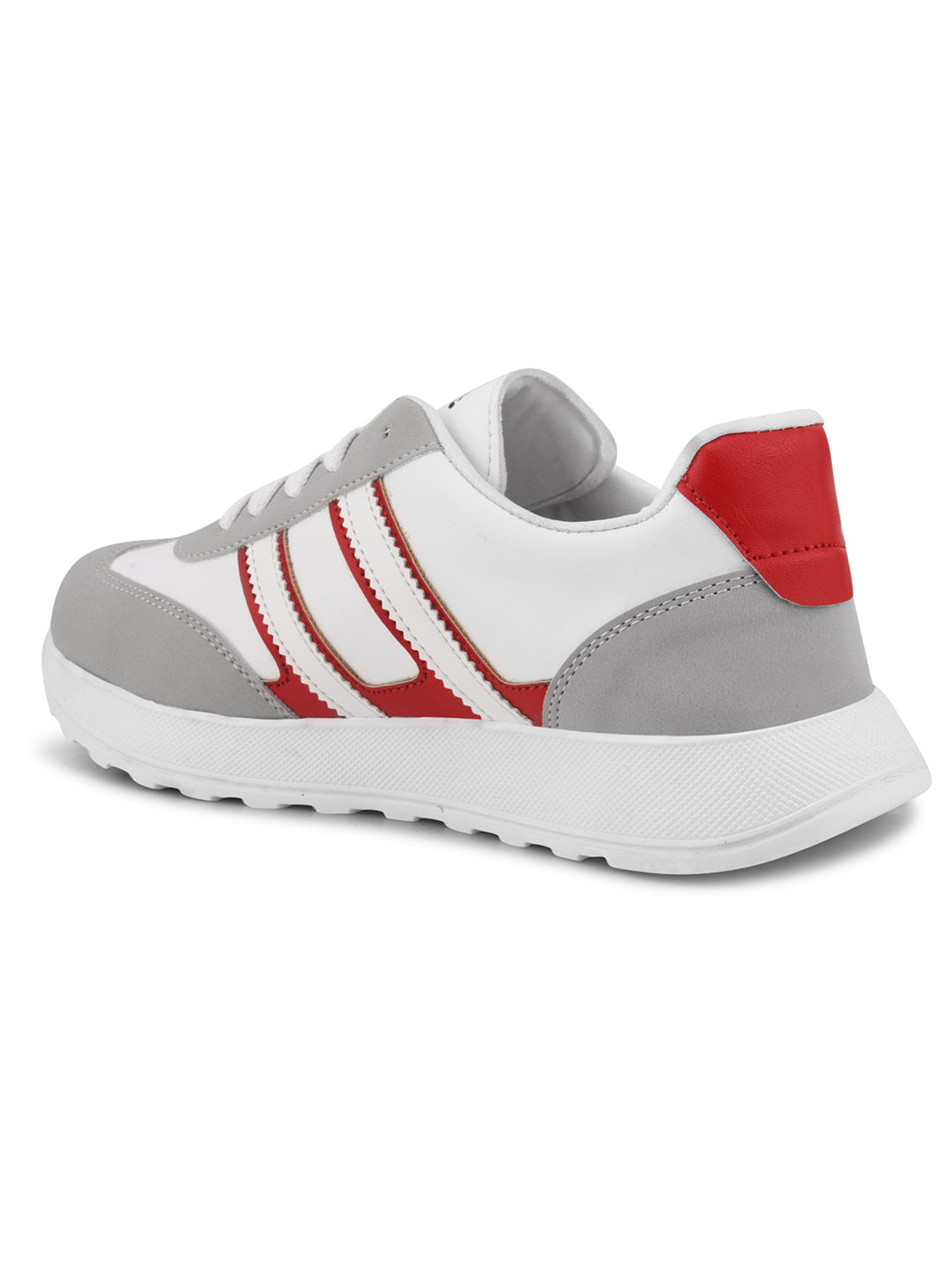 Women's lace-up casual sneakers in grey white with red stripe detailing on cushioned white platform sole