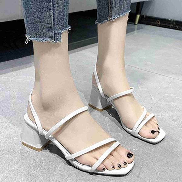 Women's Strappy Slingback Chunky Heeled Sandals at JM LOOKS White