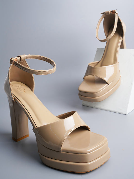 Beige ankle strap double platform block heels for women