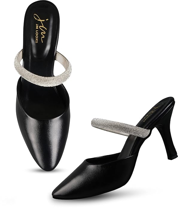 Stylished-Toe Embellished Stiletto Heels Sandals for Women and Girls Black