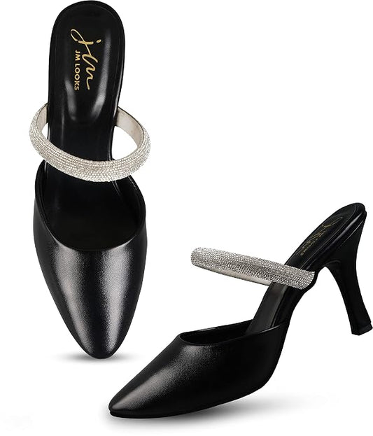Stylished-Toe Embellished Stiletto Heels Sandals for Women and Girls Black