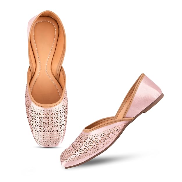 Women Peach Embellished Square Toe laser-cut Ethnic juttis Mojaris Flat Soft with Double Padded Cushion
