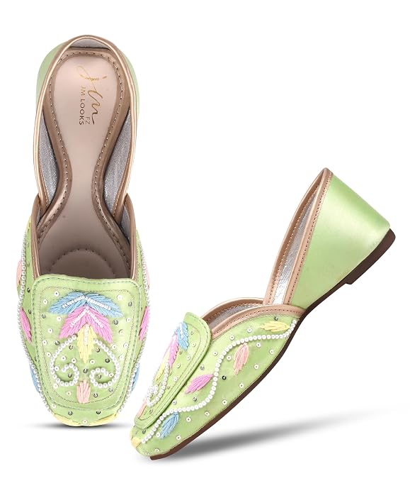 Women Pista Pastel Embroidered Pearl Work Square Toe Ethnic Mojaris Flats Juttis
