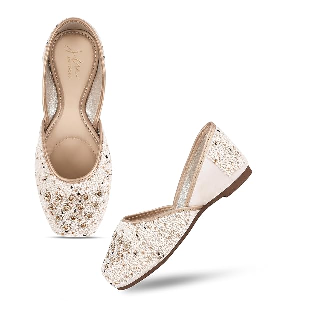 Embellished Square Toe Ethnic Mojaris for Women & Girls  White