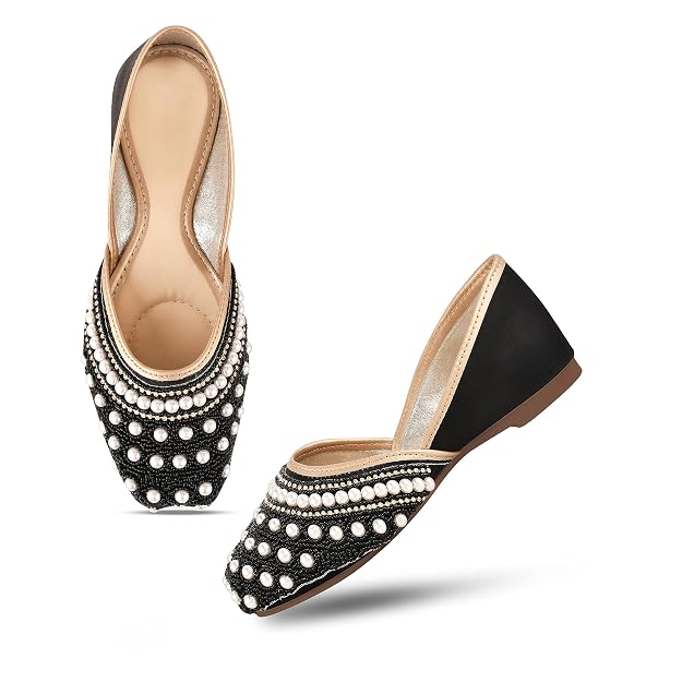 Ethnic Embellished Square Toe Mojaris for Women and Girls at JM LOOKS Black