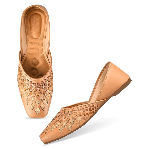 Tan Women Ethnic Embellished Square Toe Leather Slip-On Flat jutti