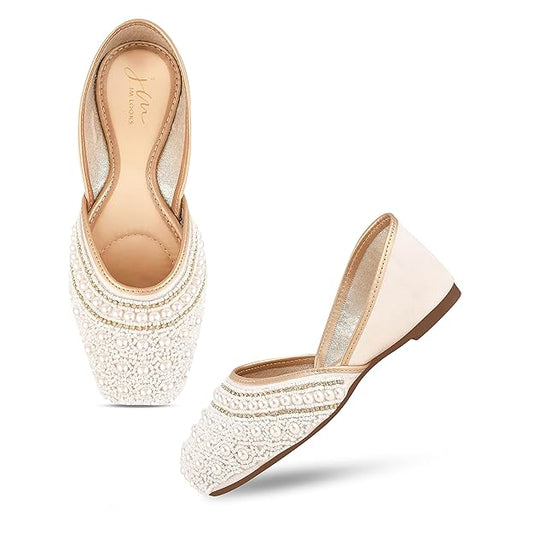 Ethnic Embellished Square Toe Mojaris for Women and Girls at JM LOOKS White