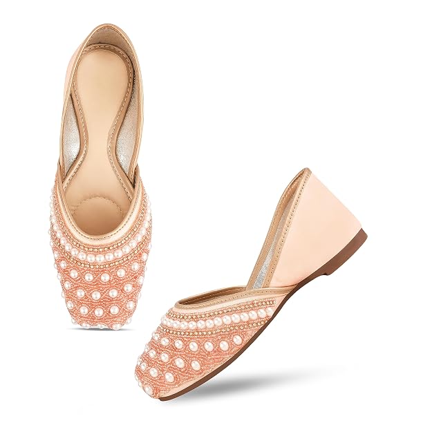 Ethnic Embellished Square Toe Mojaris for Women and Girls at JM LOOKS Peach