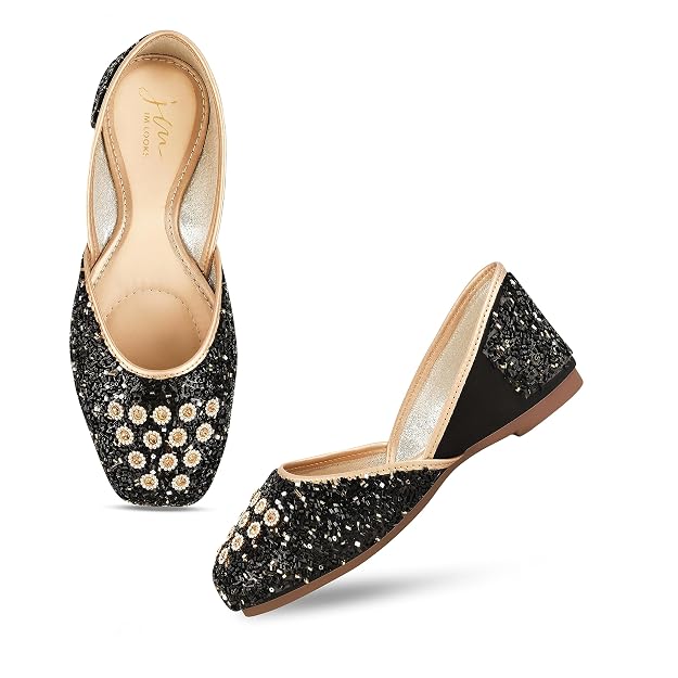 Embellished Square Toe Ethnic Mojaris for Women & Girls  Black