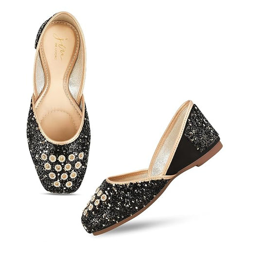 Embellished Square Toe Ethnic Mojaris for Women & Girls  Black