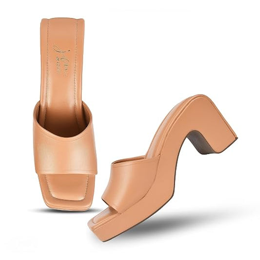 Women's Open-Toe Chunky Heeled Sandals for Women and Girls Beige
