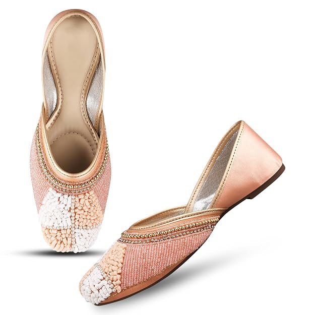 Women Peach Ethnic Embellished Square Toe checkered pattern Stone Work & beads work juttis