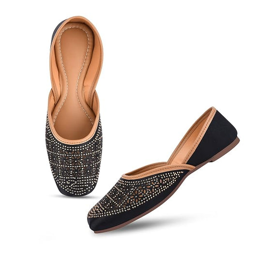 Women Black Embellished Square Toe laser-cut Ethnic juttis Mojaris Flat Soft with Double Padded Cushion