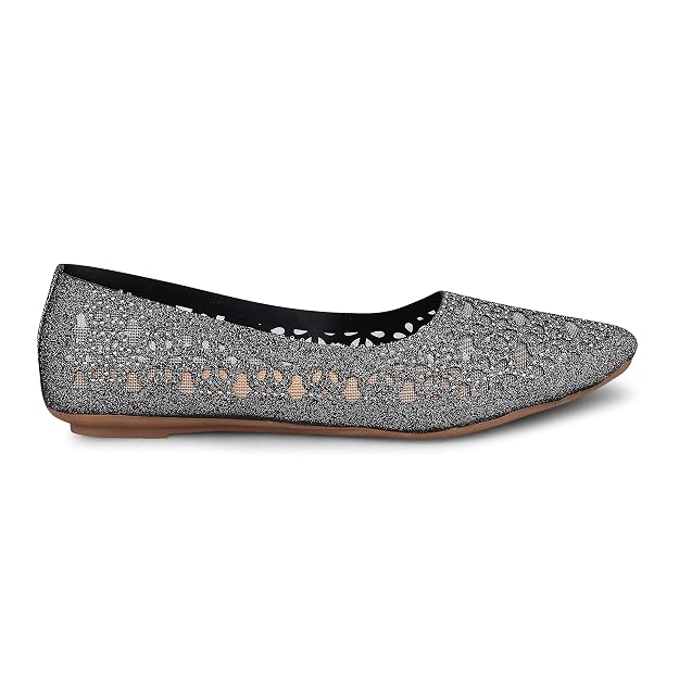 Embellished Cut-Work Pointed-Toe Ballerinas: Flats for Women & Girls Grey
