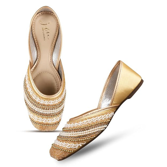 Gold Embellished Square Toe Stone Work & beadwork patterns Mojaris Flats Juttis for Women