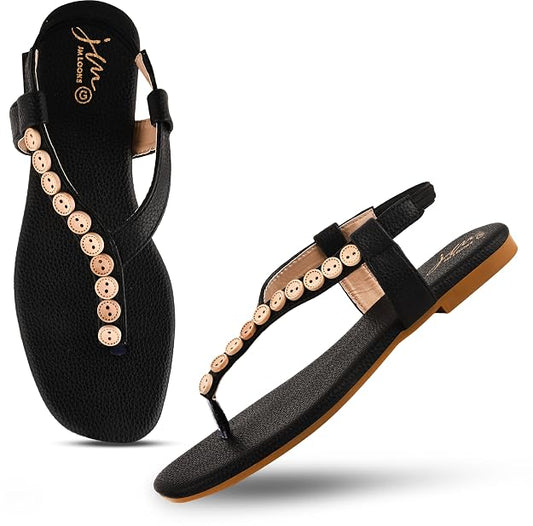 Black flat thong sandals with button embellishments and slingback strap for women