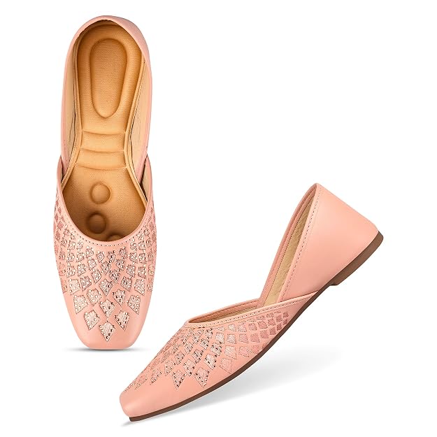 Peach Women Ethnic Embellished Square Toe Leather Slip-On Flat jutti