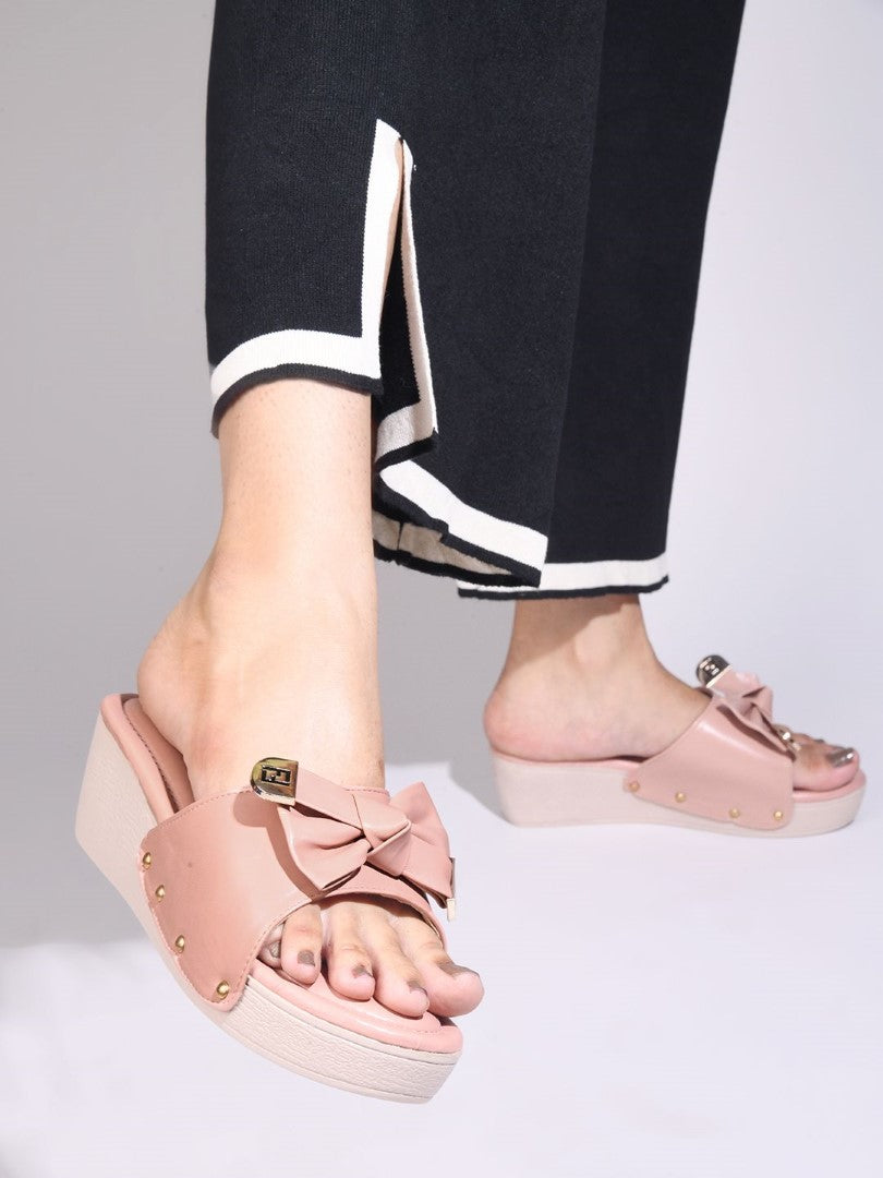 JM Looks women's platform wedges with a bow detail on the strap
 Peach