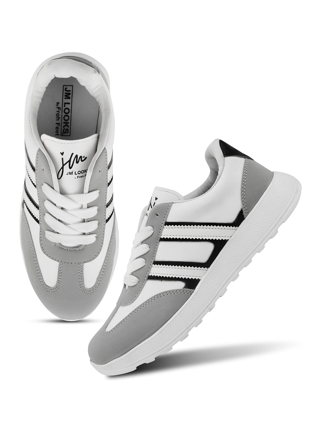 Women's lace-up casual sneakers in grey white with black stripe detailing on cushioned white platform sole