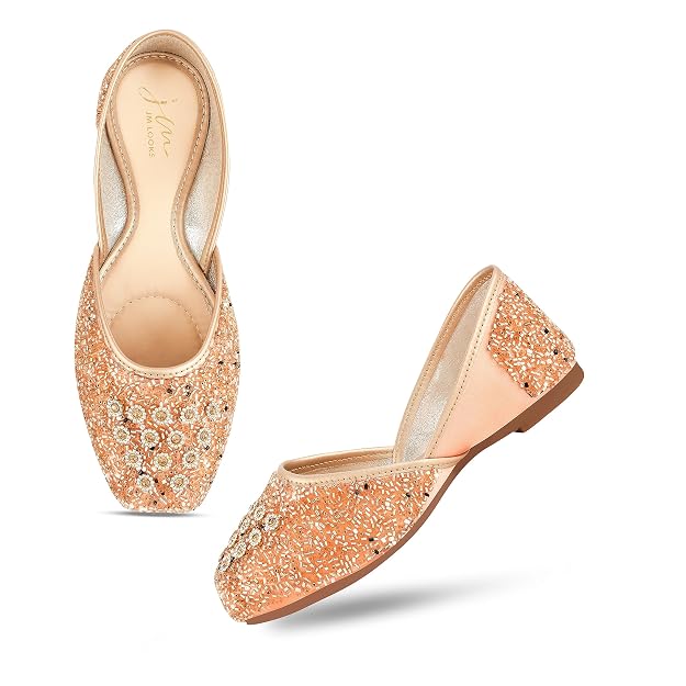 Embellished Square Toe Ethnic Mojaris for Women & Girls  Peach