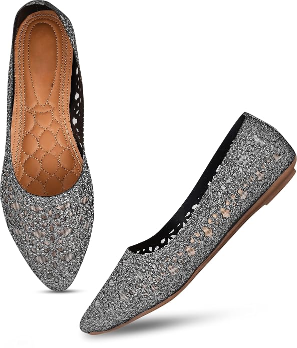 Embellished Cut-Work Pointed-Toe Ballerinas: Flats for Women & Girls Grey