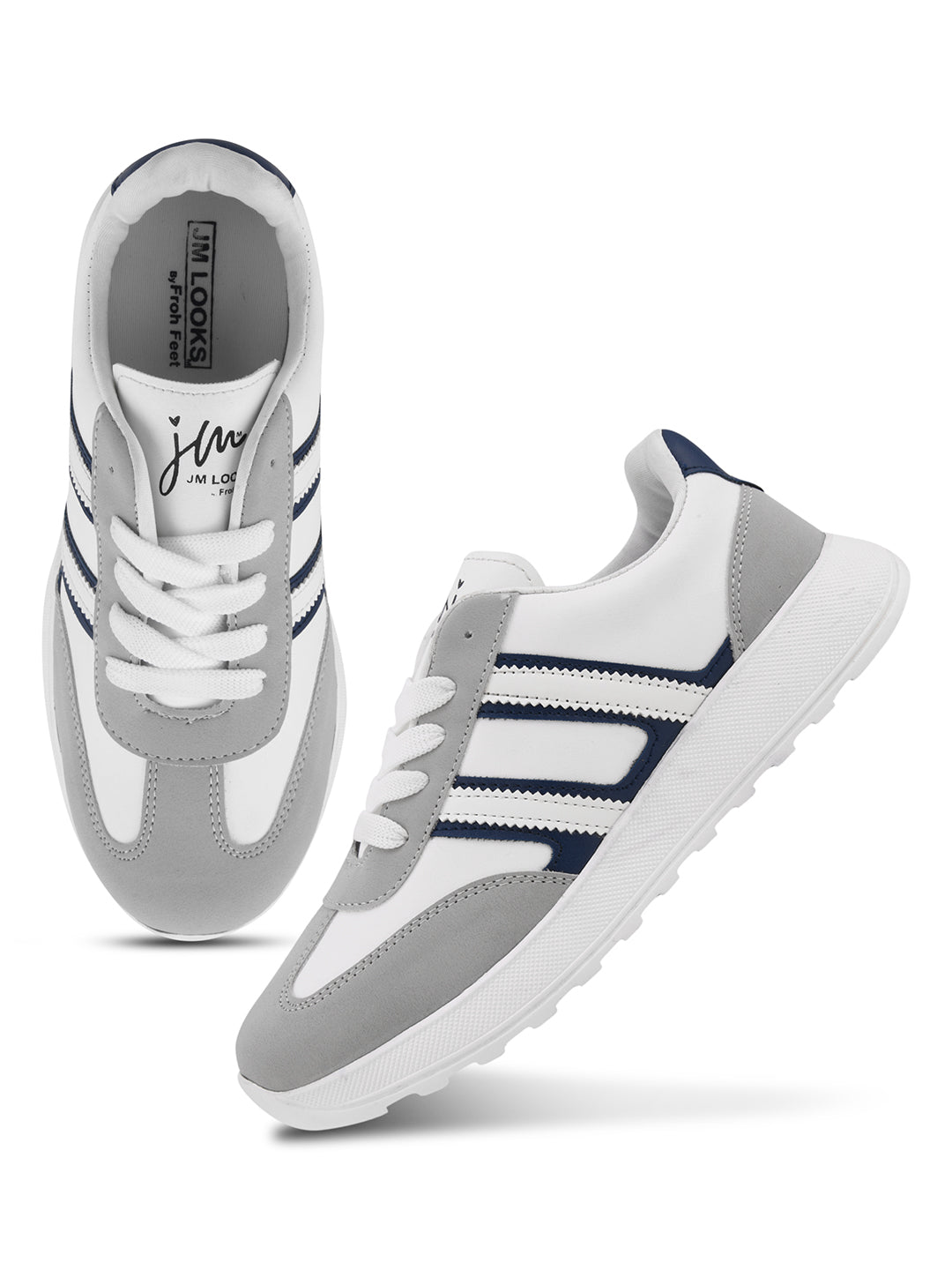 Women's lace-up casual sneakers in grey white with blue stripe detailing on cushioned white platform sole