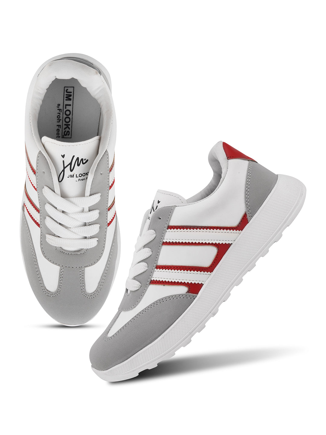 Women's lace-up casual sneakers in grey white with red stripe detailing on cushioned white platform sole